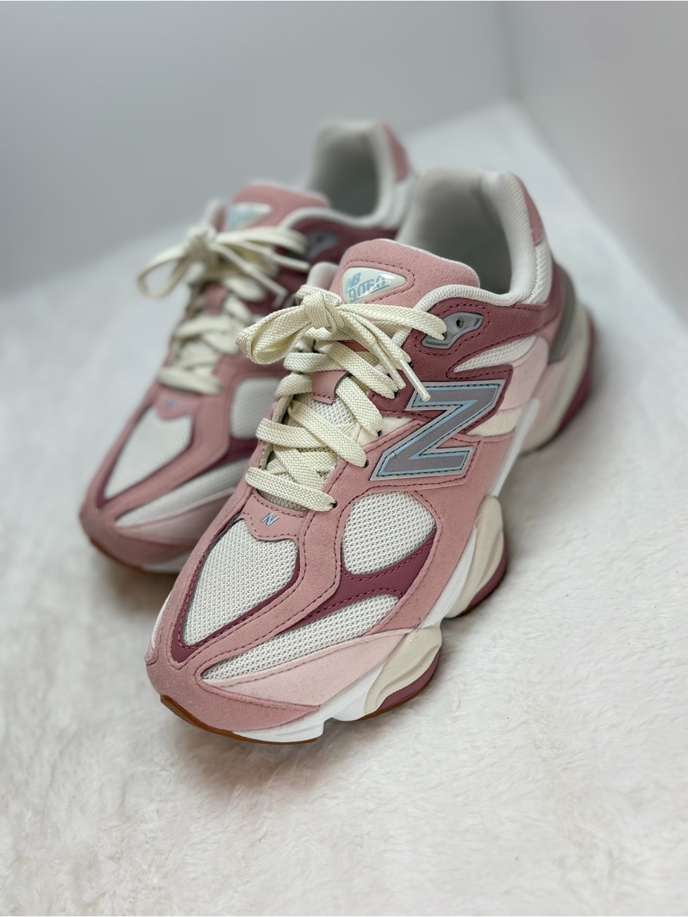 New Balance Pink, White & Cream Mesh Suede Sneakers